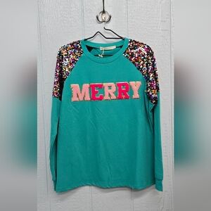 NWT Small Grace & Emma Merry Chenille Patch Sequins Teal Top